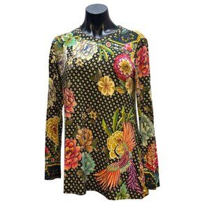 Johnny Was Floral Phoenix Printed Long Sleeve Pullover Shirt Black Multi S